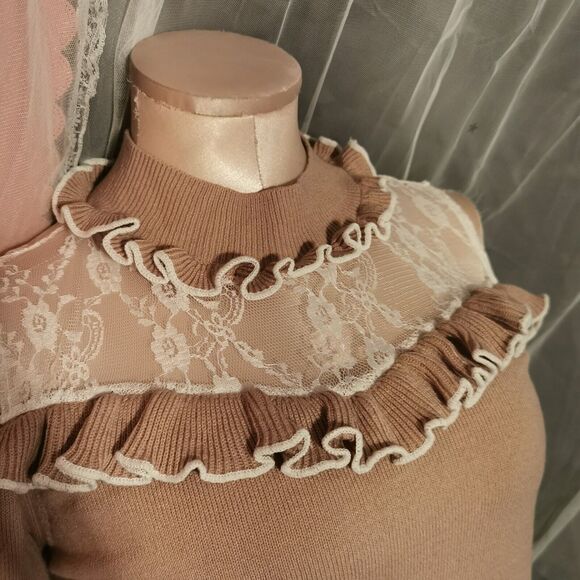 Ank Rouge Brown Sweater Women's Small Ruffle Turtleneck Harajuku Japan Jfashion - Picture 11 of 12